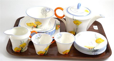 Lot 263 - Shelley tea set, pattern W12229, comprising teapot, milk jug and sugar bowl, cake plate, two...