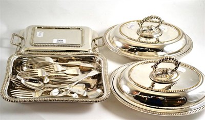 Lot 268 - Three plated entree dishes and a quantity of plated flatware