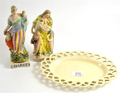 Lot 272 - St Antony's creamware dish and two figures, one titled Charity