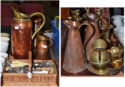 Lot 278 - A tray including a pair of brass candlesticks, pair of copper jugs, assorted silver plated...