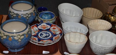 Lot 280 - Two trays including jelly moulds, pair of Royal Doulton blue ground jardinieres, Imari plaques, etc