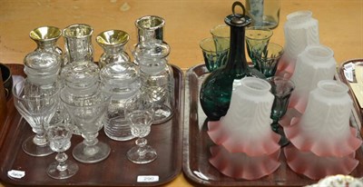 Lot 290 - Green decanter, set of shades, glasses, etc (on two trays)