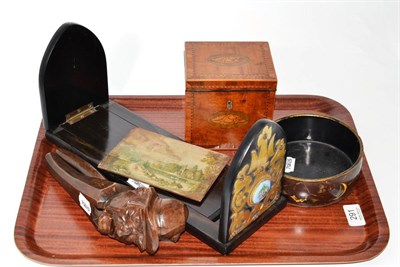 Lot 291 - Tea caddy, book slide, nut cracker and coaster