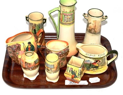 Lot 305 - A tray of Royal Doulton china including Robin Hood cream jug, Sam Weller jugs, Little Nell twin...