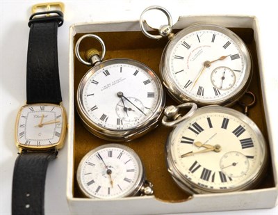 Lot 312 - Three silver patent watches, one case stamped '925', fob watch stamped '0.800' and a gent's...