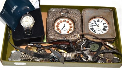 Lot 316 - Two nickel cased travelling watches in fitted silver mounted cases and a quantity of wristwatches