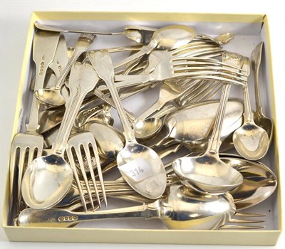 Lot 319 - Shell and Fiddle pattern part silver service: six tablespoons, six table forks, five dessert forks