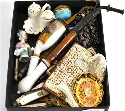 Lot 321 - Items including a miniature Royal Crown Derby dish, silver penknives, a pipe, pencils etc