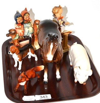 Lot 343 - Two Hummel figures, Beswick horse, hound, fox and a pig