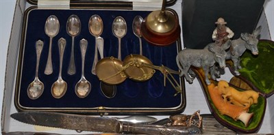 Lot 344 - A part set of silver teaspoons, metal figure group of two donkeys, pipe in case, gold...