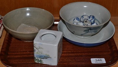 Lot 346 - Three Chinese bowls, six miniature Chinese vases and a Chinese porcelain brush pot