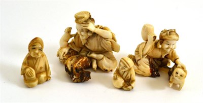 Lot 350 - Two circa 1900 Japanese ivory small okimonos and two others (4)