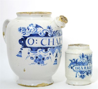 Lot 197 - An English Delft Wet Drug Jar, circa 1730, of ovoid form with cylindrical spout and strap...