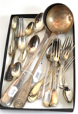 Lot 355 - A collection of continental white metal flatware including two soup ladles