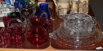 Lot 361 - Two trays of hock glasses, cranberry glass and serving dishes