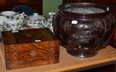 Lot 365 - A walnut writing box and a Japanese bronze jardiniere