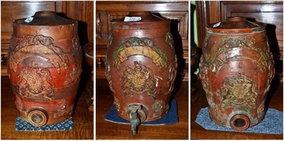 Lot 370 - Three 19th century stoneware spirit barrels with applied crests, arms and horses, etc