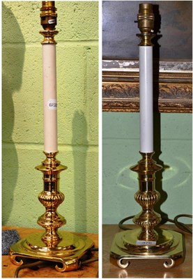 Lot 376 - A pair of brass candlesticks in the form of table lamps