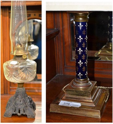 Lot 379 - French brass table lamp and an oil lamp