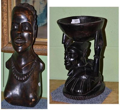 Lot 380 - African carved wood bust of a woman and another carved wood figural pedestal bowl