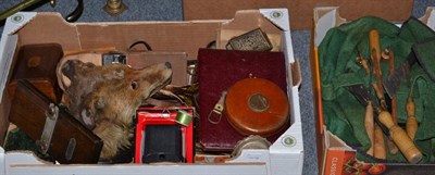 Lot 387 - A quantity including tools, cameras, fox head mask, etc (two boxes)