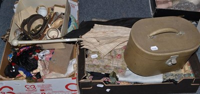 Lot 390 - Assorted ribbons, silks, haberdashery, antler vanity case, bowler hat, two parasols and other...