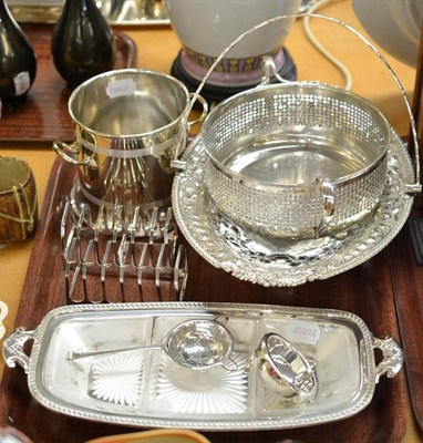 Lot 403 - A pair of silver toast racks, a silver strainer and some plated items