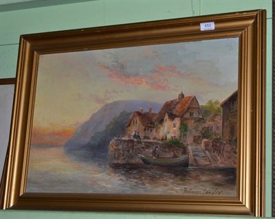 Lot 450 - William Langley, coastal scene with cottage and figures in a boat, oil on canvas