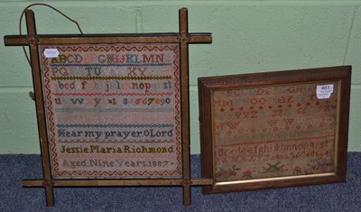 Lot 461 - Two framed alphabet samplers, one bearing date 1887