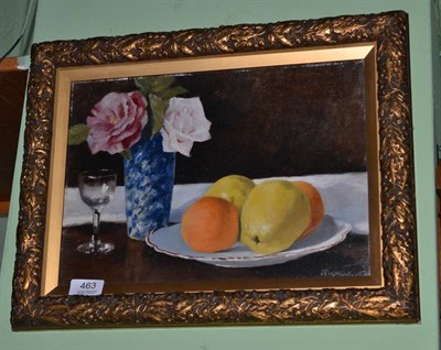 Lot 463 - Joseph Pighills (1902-1984) Still life of oranges and apples on a plate, roses in a blue...