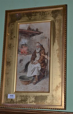 Lot 466 - Eduardo Vitali (19th century), An elderly man peeling onions in an interior, signed, watercolour