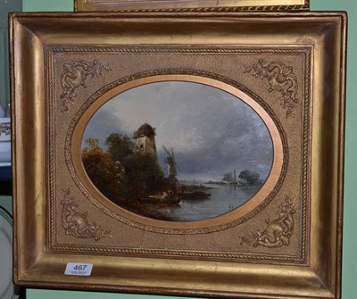 Lot 467 - Dutch School (19th century), figures in a rowing boat before a windmill, oil on panel