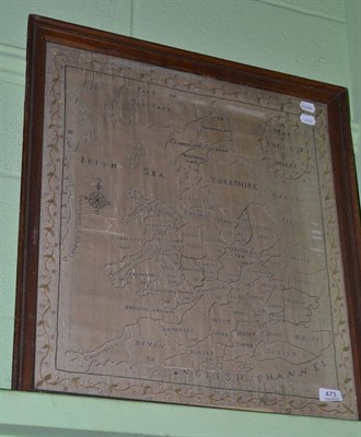 Lot 473 - Late 18th century cream silk embroidered map of England and Wales, within a foliate border, framed