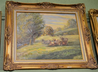 Lot 476 - Gordon Clifford Barlow, ";Cows, River Wenning, High Bentham";, signed, oil on canvas