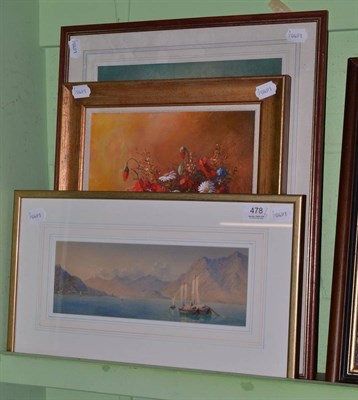 Lot 478 - Charles Rowbotham, Sailboats on a mountainous lake, signed, watercolour, together with an oil...