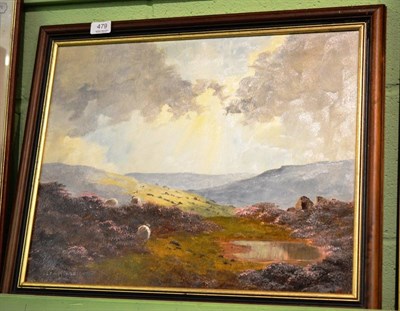 Lot 479 - Lewis Creighton, Sheep on a moorland, signed, oil on board