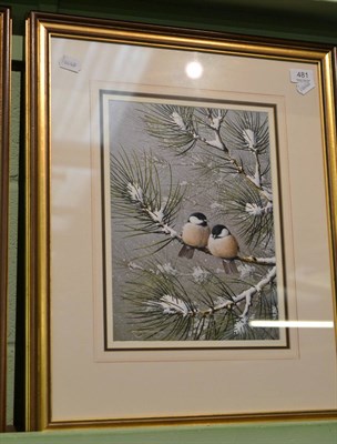 Lot 481 - Ralph Waterhouse, A pair of finches on a branch in the snow, signed, gouache