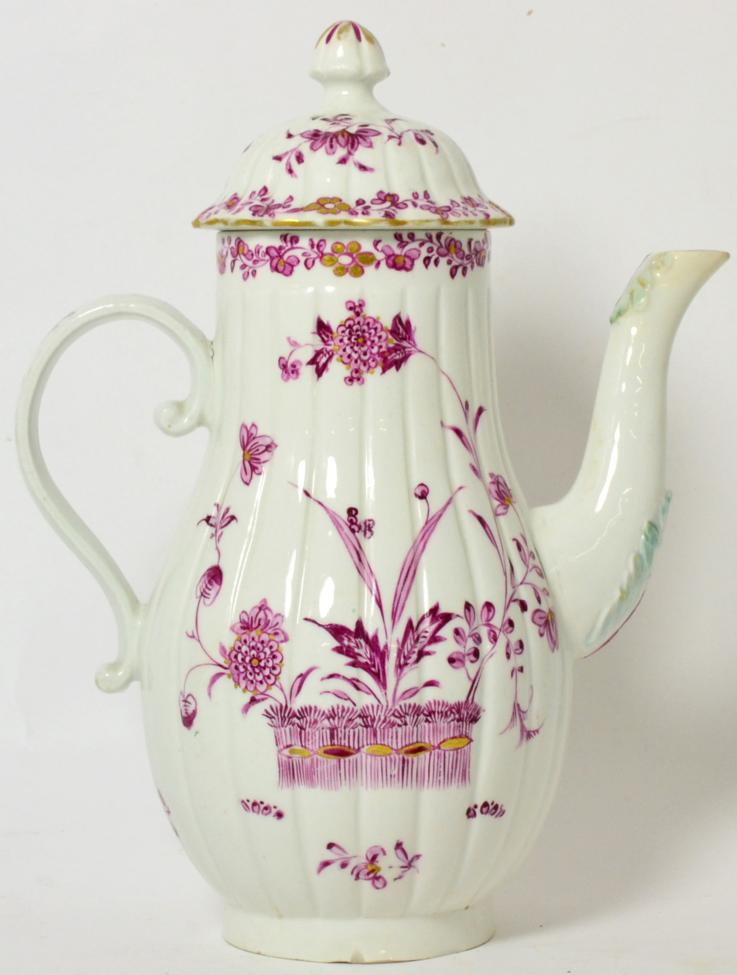 Lot 208 - A Derby Porcelain Coffee Pot and Cover, circa 1760, of fluted baluster form, painted in puce...