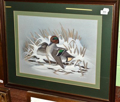 Lot 489 - Andy Graystone, study of mallard ducks in snow, gouache, signed and dated (19)89