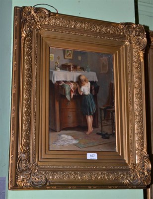 Lot 497 - David W Haddon (ex 1884 - 1911), Girl looking through open drawers, oil on canvas