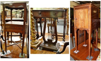 Lot 626 - A mahogany side table with lyre shaped support and two mahogany washstands