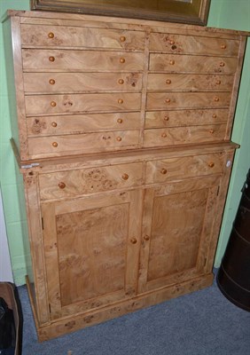 Lot 639 - Reproduction burr oak specimen cabinet with drawers and cupboard doors