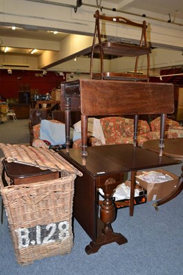 Lot 707 - A large wicker basket, barley twist occasional table, Victorian mahogany drop leaf table and a...