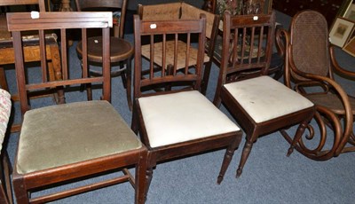 Lot 712 - A set of three late George III dining chairs, a pair of mahogany dining chairs with drop in...