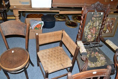 Lot 713 - A Victorian armchair with needlework seat, rush seated corner chair, bentwood chair and a stool...