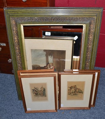 Lot 723 - Five framed prints, a Wheatley engraving, a picture frame and a mirror