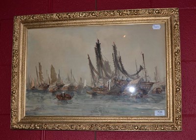 Lot 726 - Kam Cheong Ling (1911-1991) Chinese Junks moored off a coastline, signed, watercolour