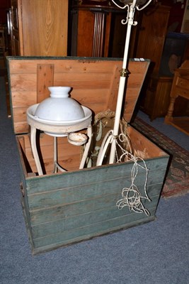 Lot 734 - A green painted pine trunk, an oil lamp converted to electricity, a mirror and a washstand