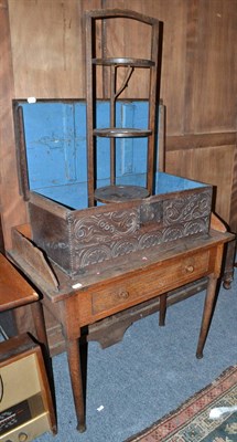 Lot 735 - An oak side table fitted with one drawer, cake stand and a carved oak box with carved frieze