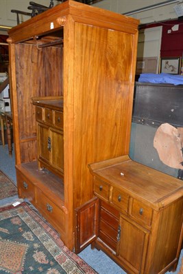 Lot 741 - Chinese hardwood wardrobe fitted with hanging space and lacking doors and a pair of Chinese...